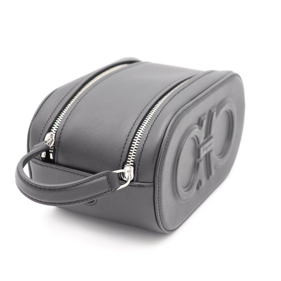 NWT Salvatore Ferragamo Men's Black Leather Double Gancio Dopp Kit Toiletry Bag - Picture 2 of 7